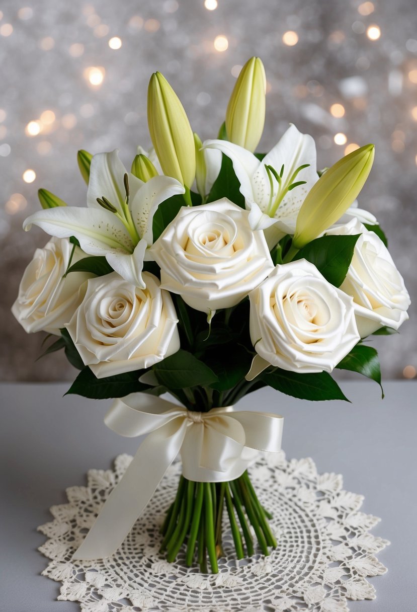 A bouquet of ivory satin ribbon roses and lilies, tied with a delicate ribbon, resting on a lace doily