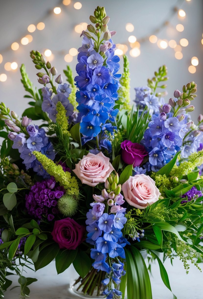 A lush and vibrant bouquet of delphiniums, roses, and greenery arranged in a flowing, romantic style