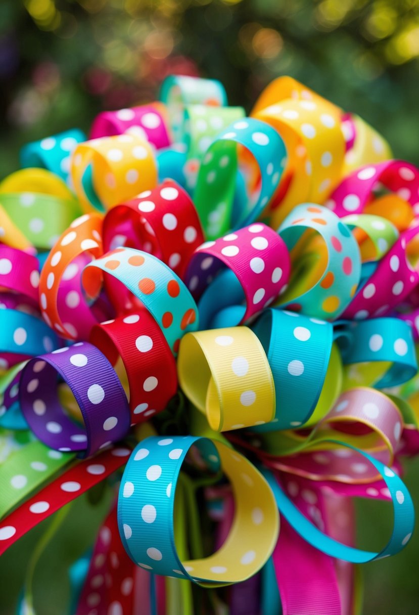 A colorful bouquet of polka dot ribbons swirling and intertwining with whimsical charm