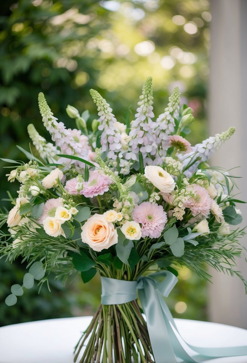 A lush bouquet of Scabiosa Sensation flowers in soft pastel hues, accented with delicate greenery and tied with a flowing ribbon