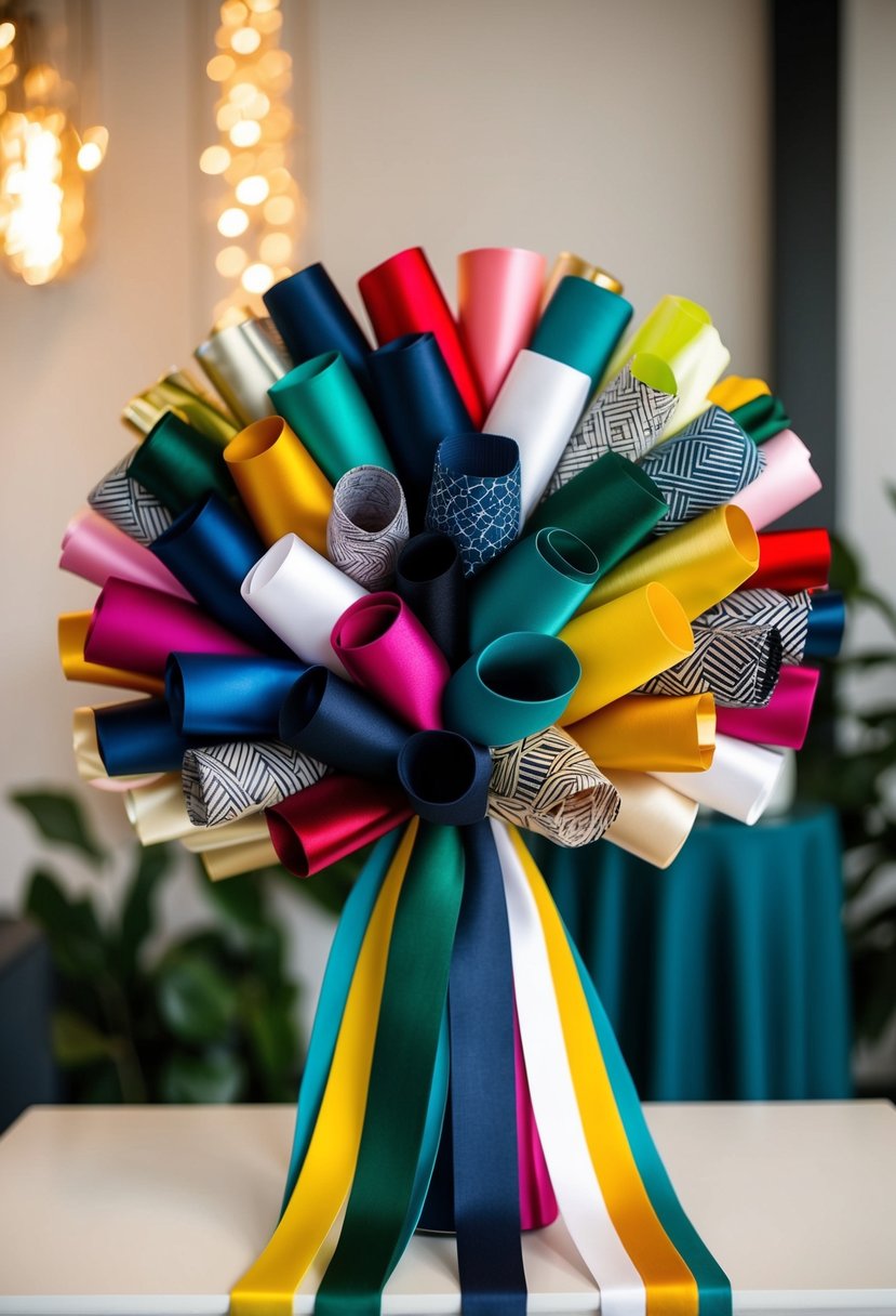 A bouquet of modern geometric fabric ribbons in various colors and patterns arranged in an artistic and elegant display