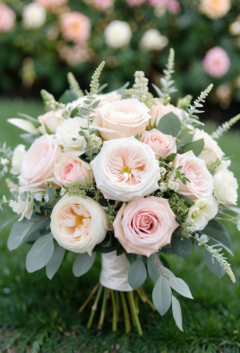 A garden rose bouquet with soft pink and ivory flowers, accented with greenery, arranged in a delicate, flowing style