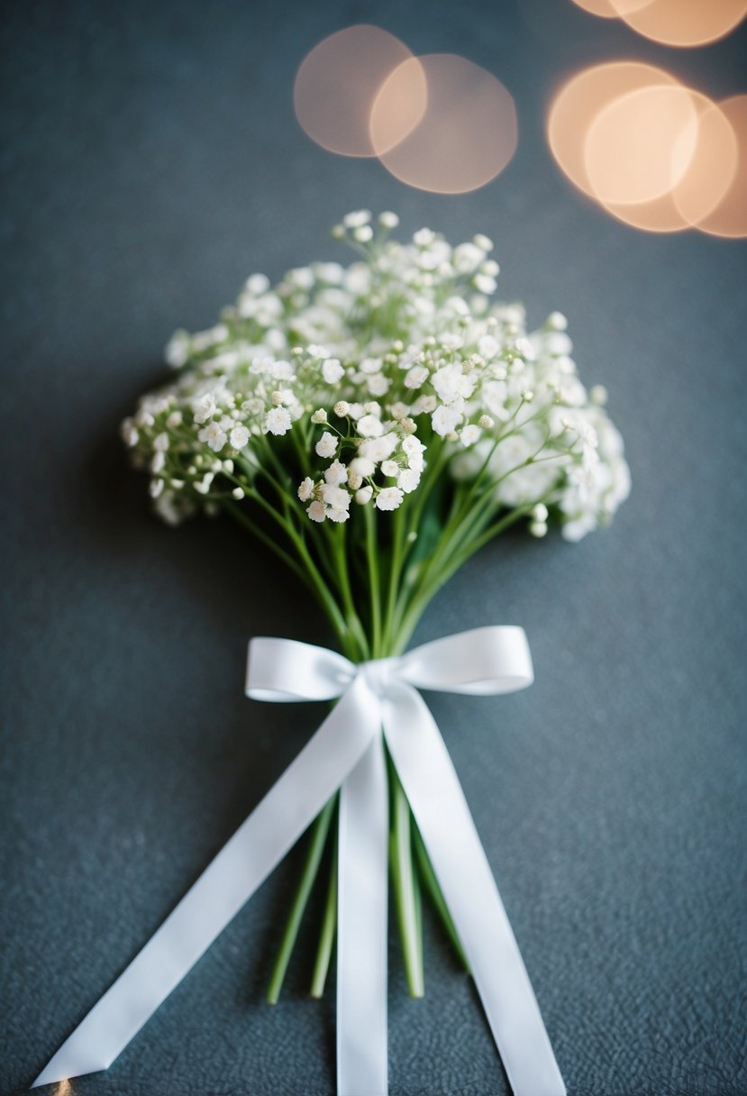 A simple white ribbon tied around a small bouquet of delicate white flowers