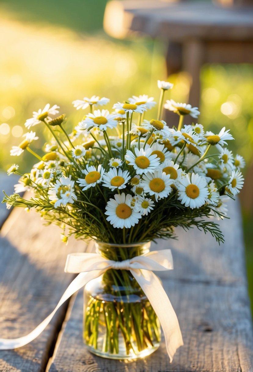 A delicate bouquet of chamomile and daisies, tied with ribbon, sits on a rustic wooden table, bathed in soft, golden sunlight