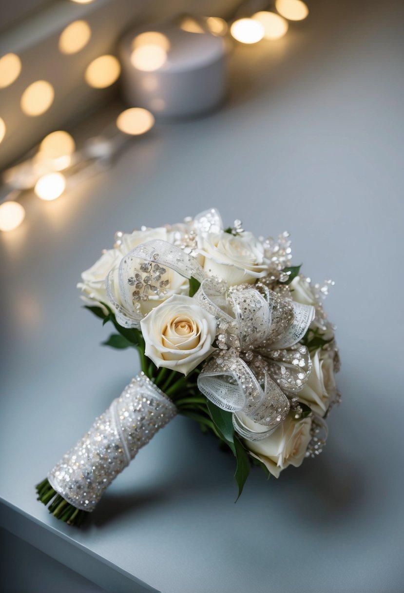 A sparkling ribbon-wrapped wedding bouquet adorned with intricate sequin details