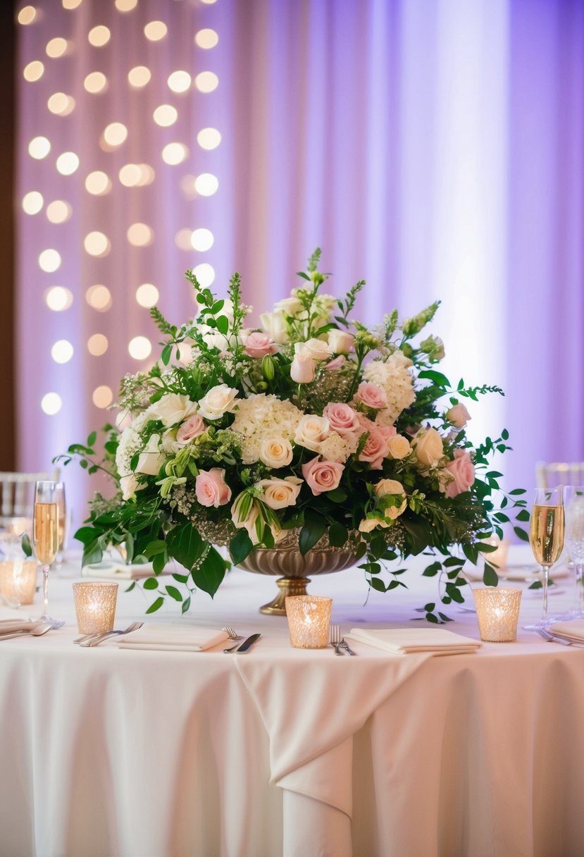 A beautifully arranged bouquet of flowers sits atop the elegantly decorated head table at a wedding reception