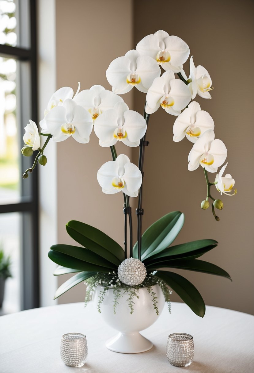 A modern white orchid bouquet with elegant greenery and sparkling accents