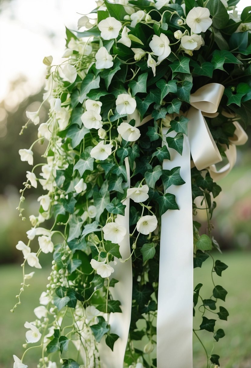 A cascading bouquet of trailing ivy and delicate white flowers, wrapped in satin ribbon, exuding grace and romance