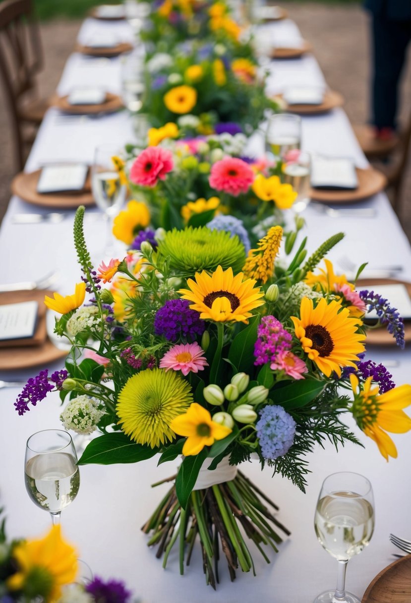 A vibrant array of wildflowers arranged in lush bouquets for a spring wedding table centerpiece