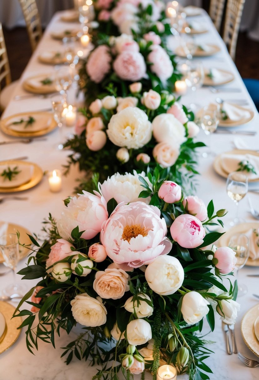 A lush bouquet of peonies and roses cascades down the head table, creating a romantic and elegant centerpiece for a wedding celebration