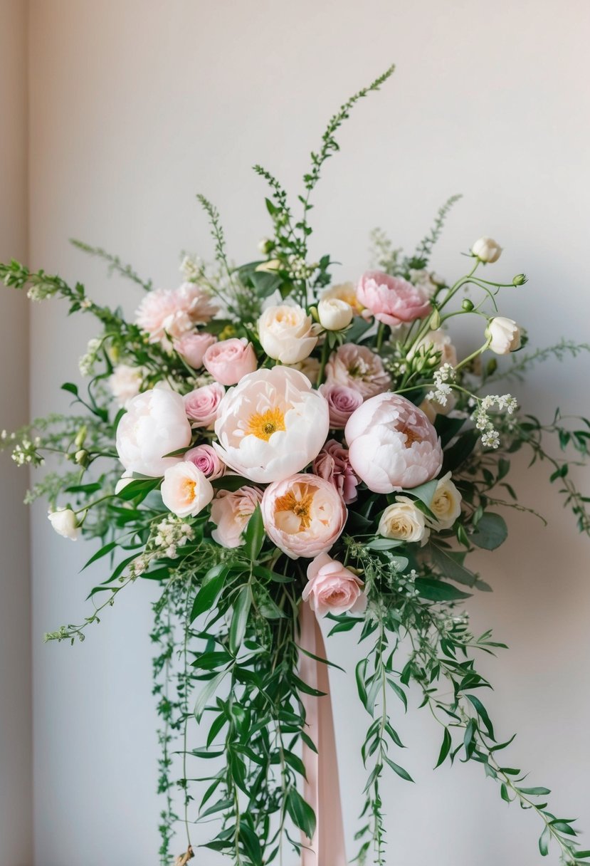 A lush, pastel-hued bouquet of peonies, roses, and trailing greenery arranged in a delicate, flowing style