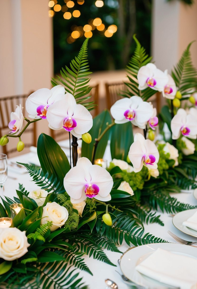 A lush arrangement of tropical orchids and ferns adorns the head table at a wedding