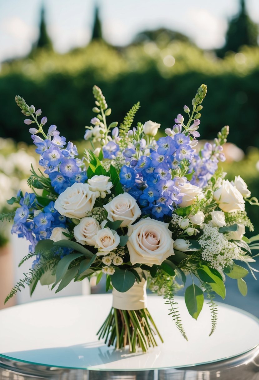 A delicate mix of delphiniums, roses, and greenery arranged in a flowing, romantic wedding bouquet