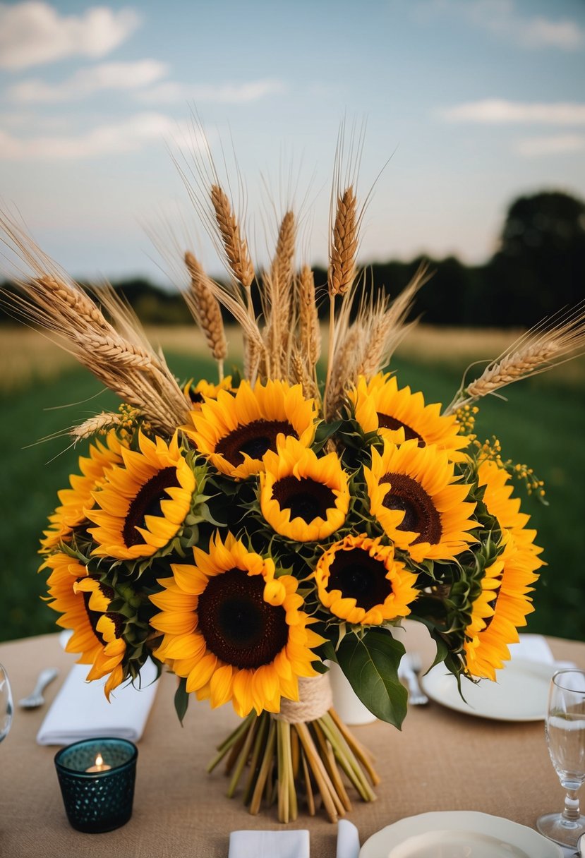 A bountiful bouquet of rustic sunflowers and golden wheat stalks arranged on a head table, creating a warm and inviting wedding centerpiece