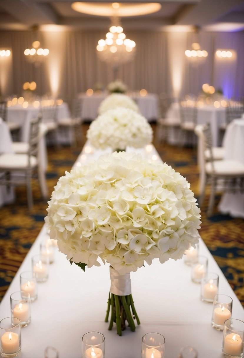 A long, elegant white hydrangea bouquet sits on a beautifully decorated head table at a wedding reception