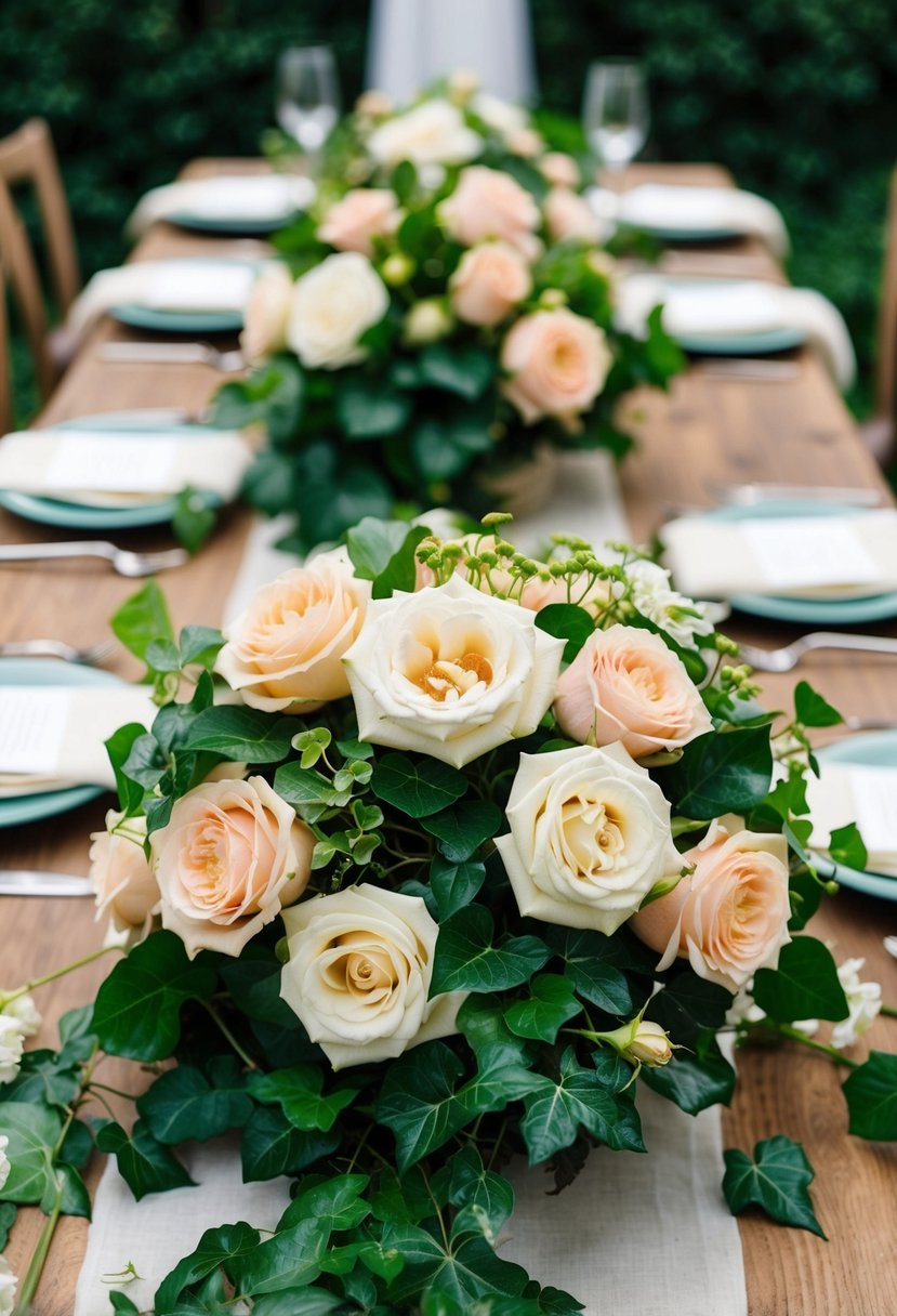 A lush bouquet of vintage garden roses and ivy adorns a rustic head table at a wedding