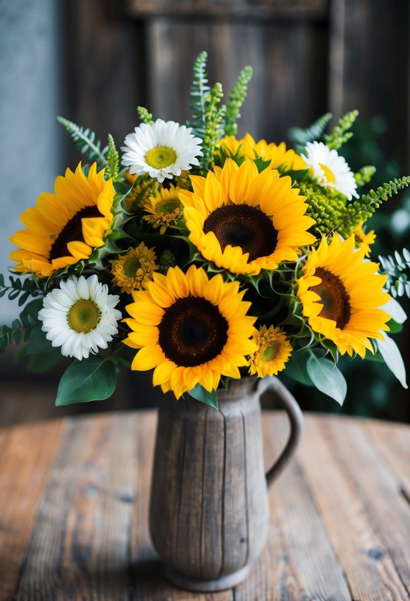 A vibrant bouquet of sunflowers, daisies, and greenery arranged in a rustic wooden vase