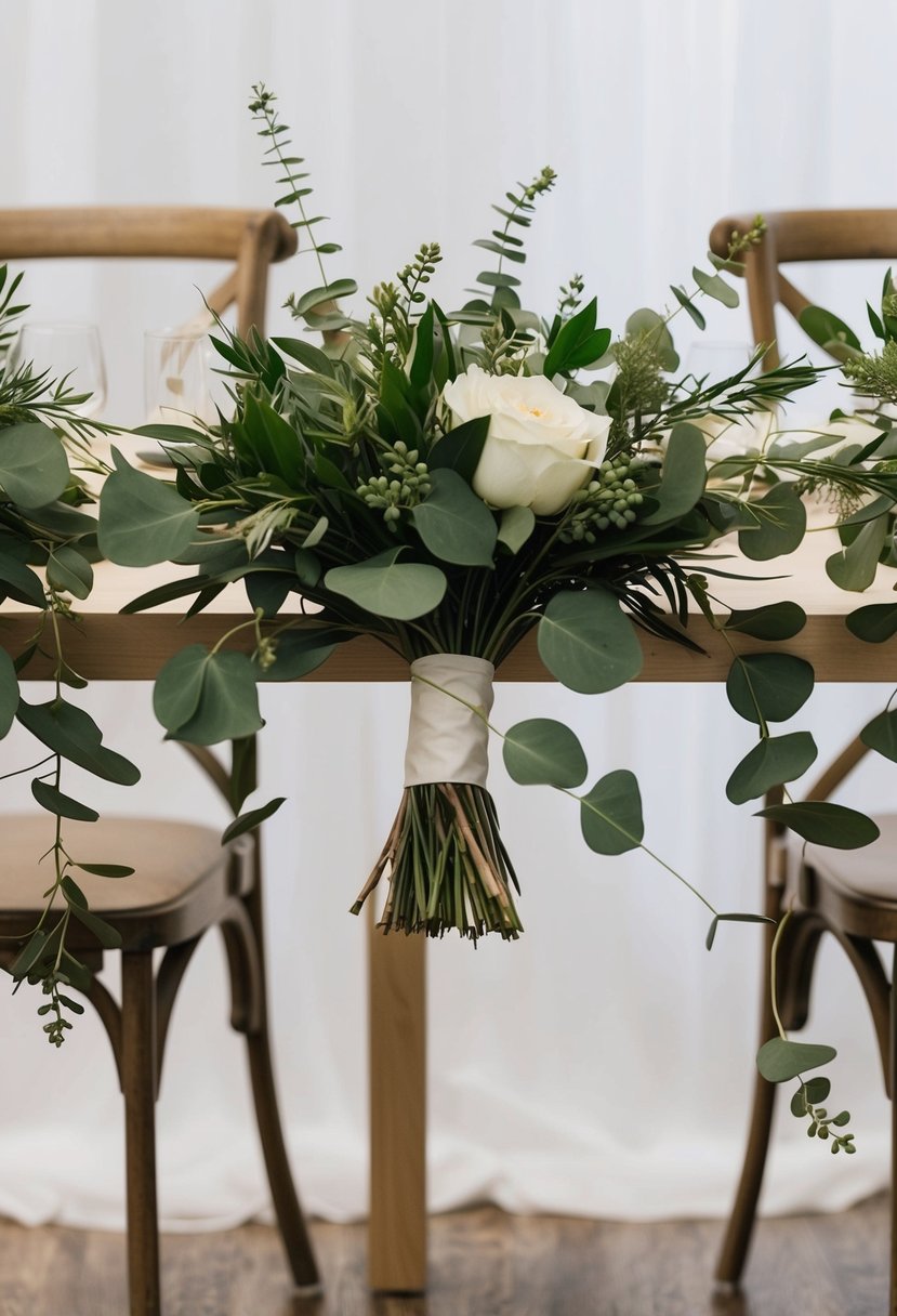 A simple, elegant bouquet of greenery and eucalyptus adorns a head table at a wedding, creating a minimalist and natural atmosphere