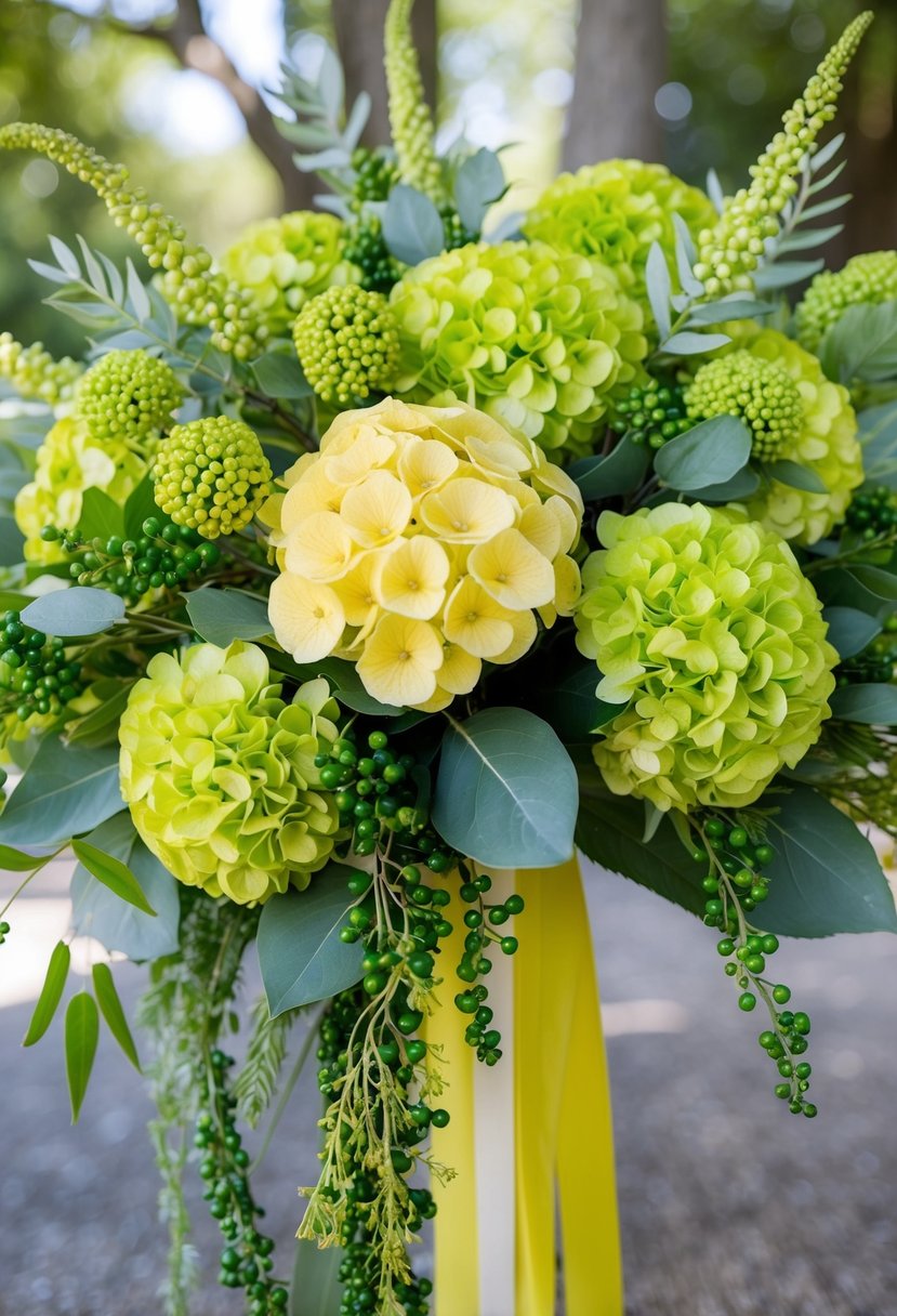 A vibrant bouquet of yellow hydrangeas and green hypericum berries arranged in a cascading style, with delicate foliage and ribbon accents