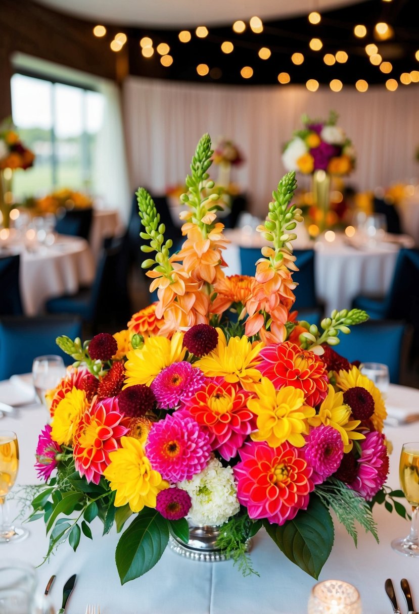 A colorful centerpiece bouquet featuring vibrant dahlias and mums, arranged on a head table at a wedding reception