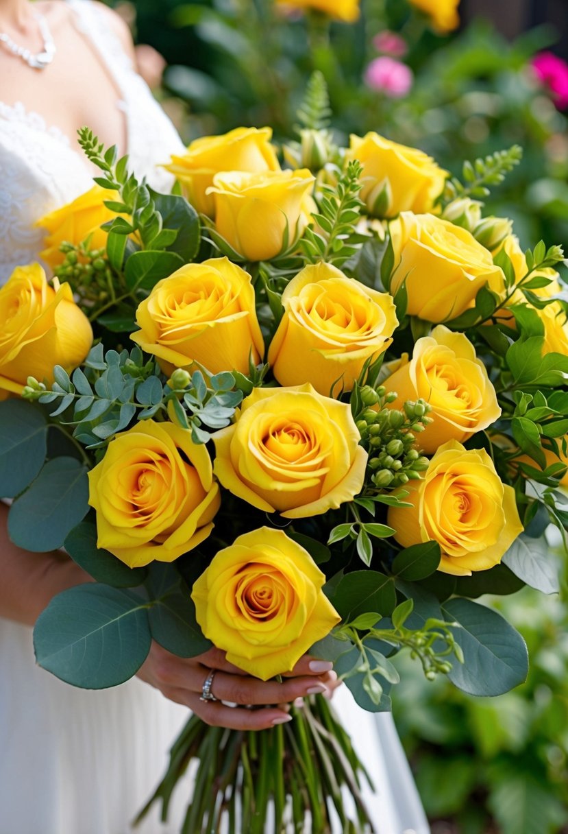 A vibrant bouquet of sunny yellow roses with lush green foliage, arranged in a delicate and elegant wedding bouquet