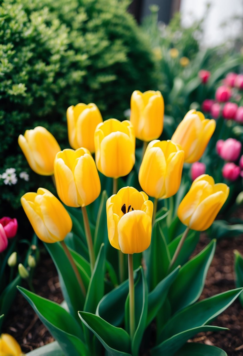 A vibrant yellow tulip bouquet surrounded by lush greenery