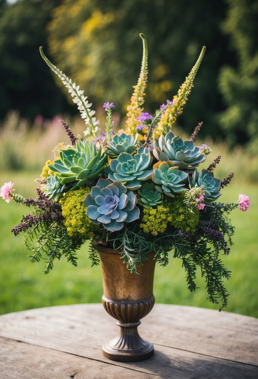 A lush, whimsical bouquet of succulents and wildflowers cascades from a vintage vase on a rustic wooden head table