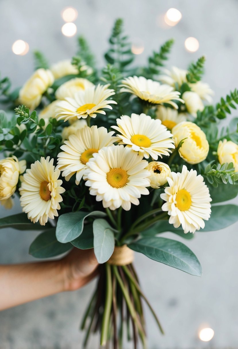 A bouquet of soft pastel yellow daisies with sage green foliage