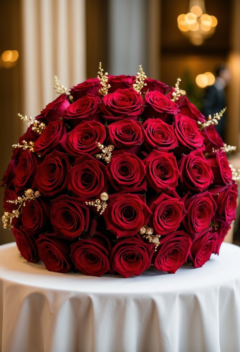 A lavish bouquet of classic red roses with delicate gold accents arranged on a head table