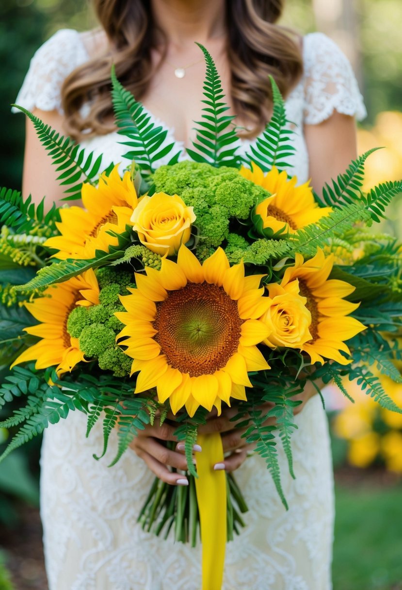 Sunflowers and ferns arranged in a vibrant yellow and green wedding bouquet