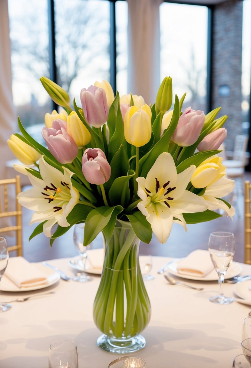 A soft pastel tulip and lily arrangement sits on a head table, creating a beautiful wedding bouquet idea