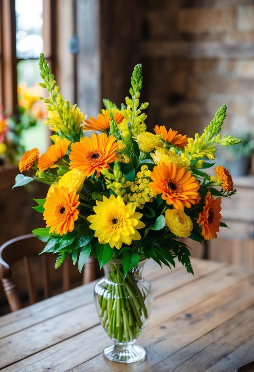 A vibrant bouquet of yellow and orange flowers arranged in a glass vase on a rustic wooden table