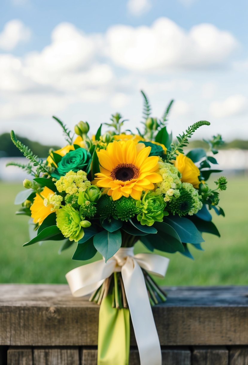 A vibrant bridal bouquet with yellow mustard and emerald green flowers, tied with a satin ribbon