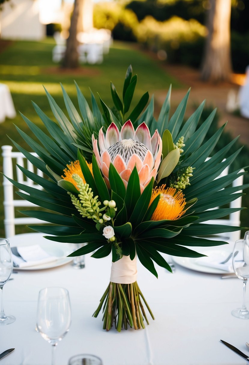 A vibrant bouquet of modern protea and palm leaves, arranged on a head table at a wedding