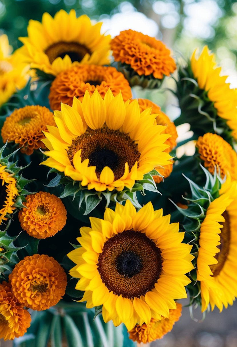 A vibrant bouquet of sunflowers and marigolds, bursting with yellow and orange energy