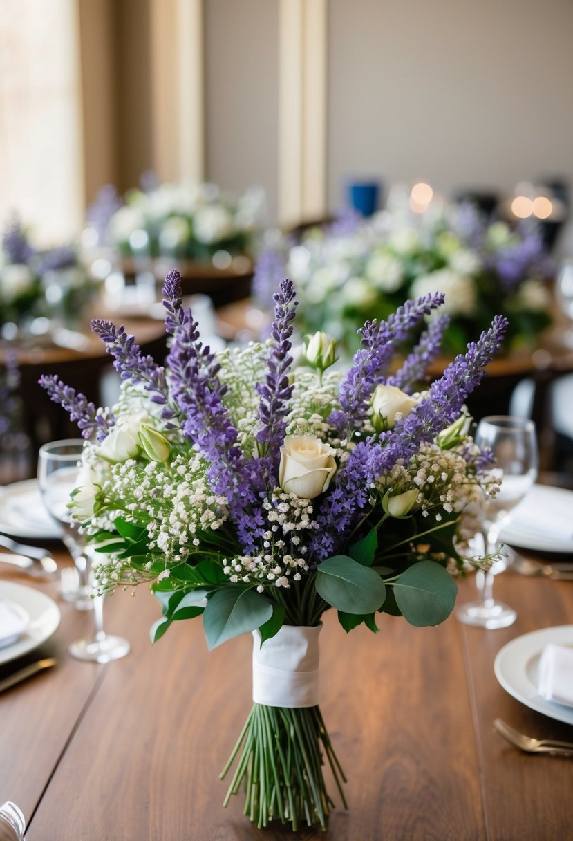 A lush bouquet of lavender and baby's breath adorns a chic head table at a wedding