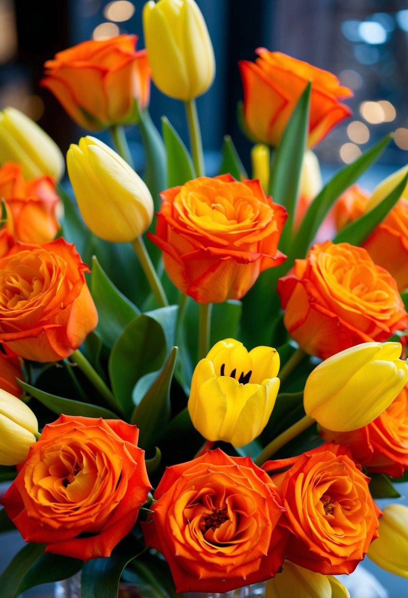 A bouquet of orange roses and yellow tulips splashing together in vibrant harmony