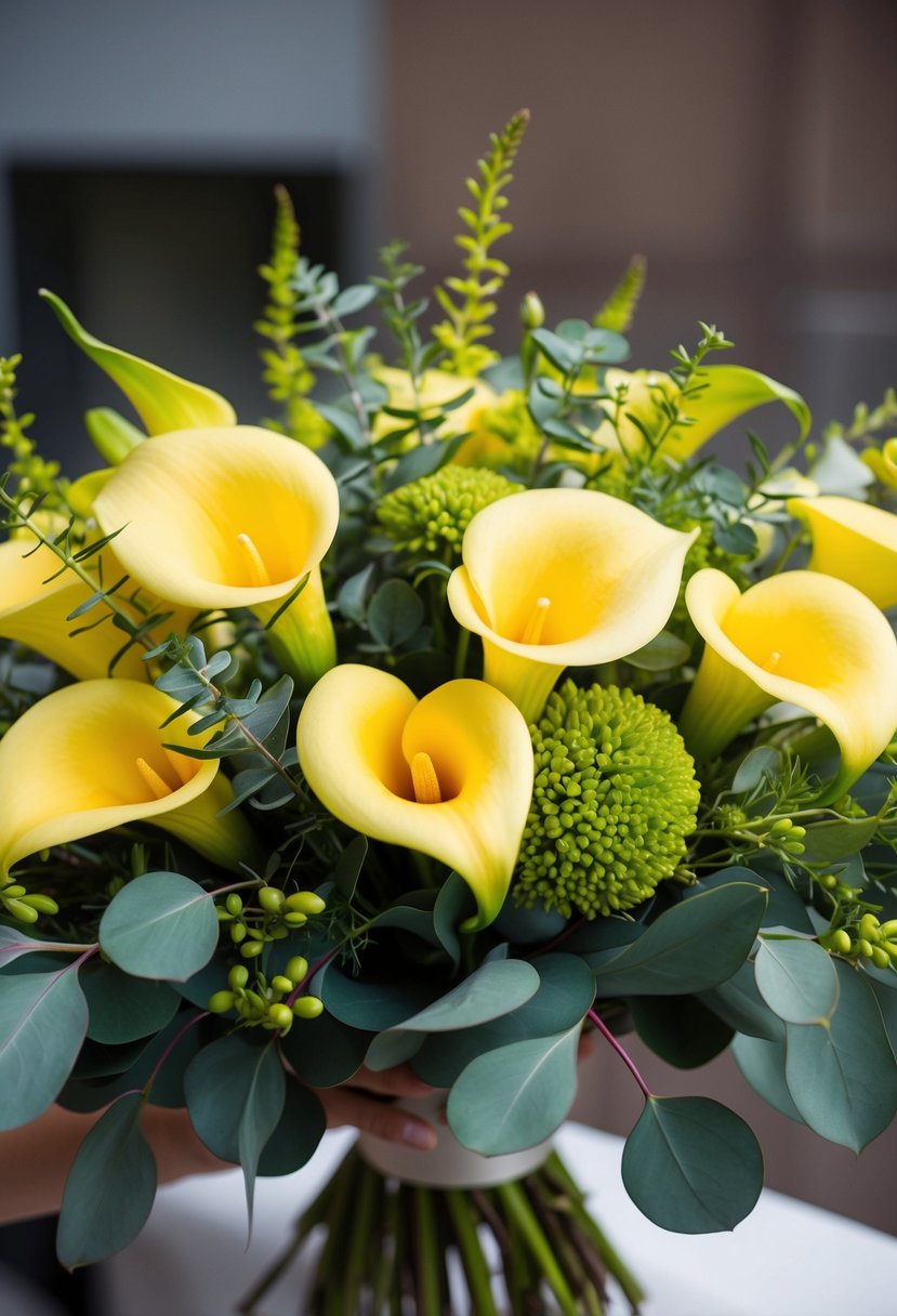 A vibrant wedding bouquet of golden Calla Lilies and fresh Eucalyptus sprigs, bursting with yellow and green hues