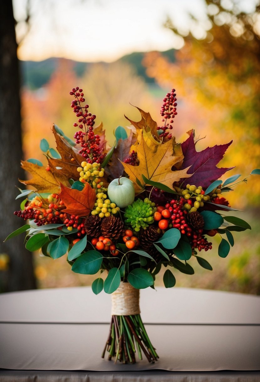 A rustic bouquet with vibrant autumn leaves and berries arranged on a head table