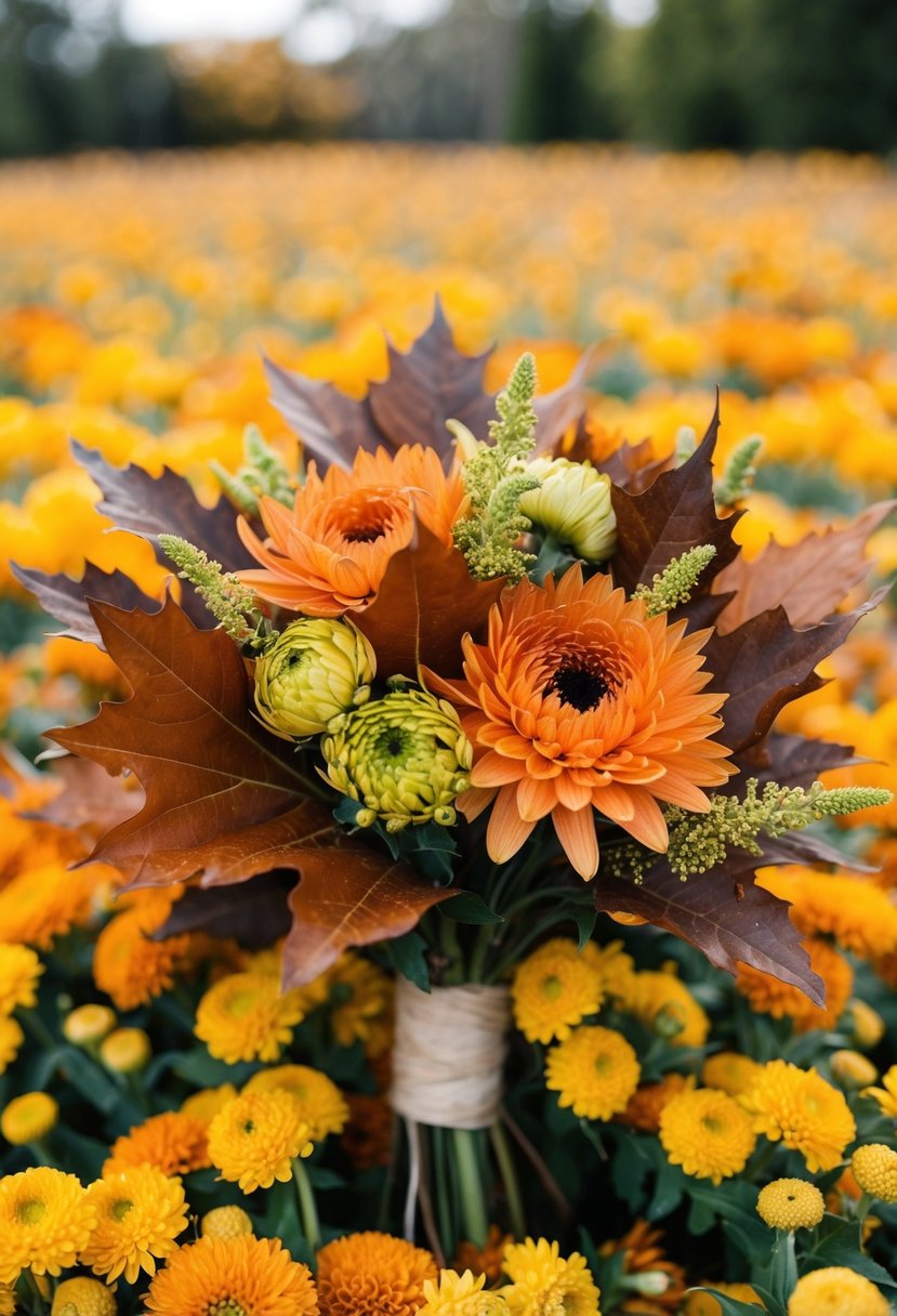 A rustic wedding bouquet with burnt orange leaves and golden chrysanthemums in a bed of yellow and orange hues