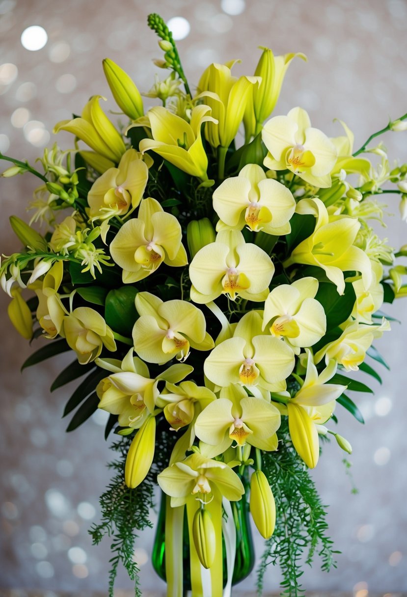 A vibrant bouquet of lemon-green orchids and yellow lilies arranged in a cascading style, with delicate greenery and ribbon accents