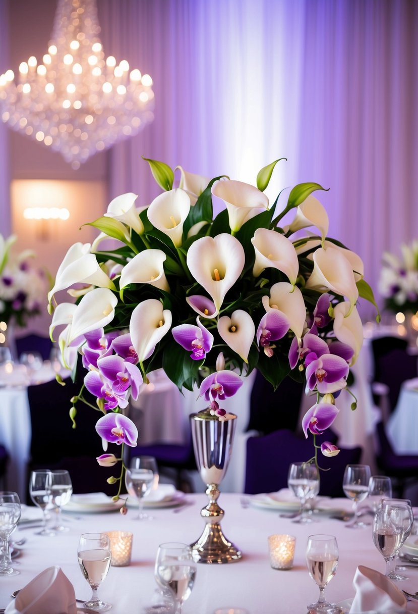 A grand head table bouquet with calla lilies and orchids in a luxurious fusion of white and purple