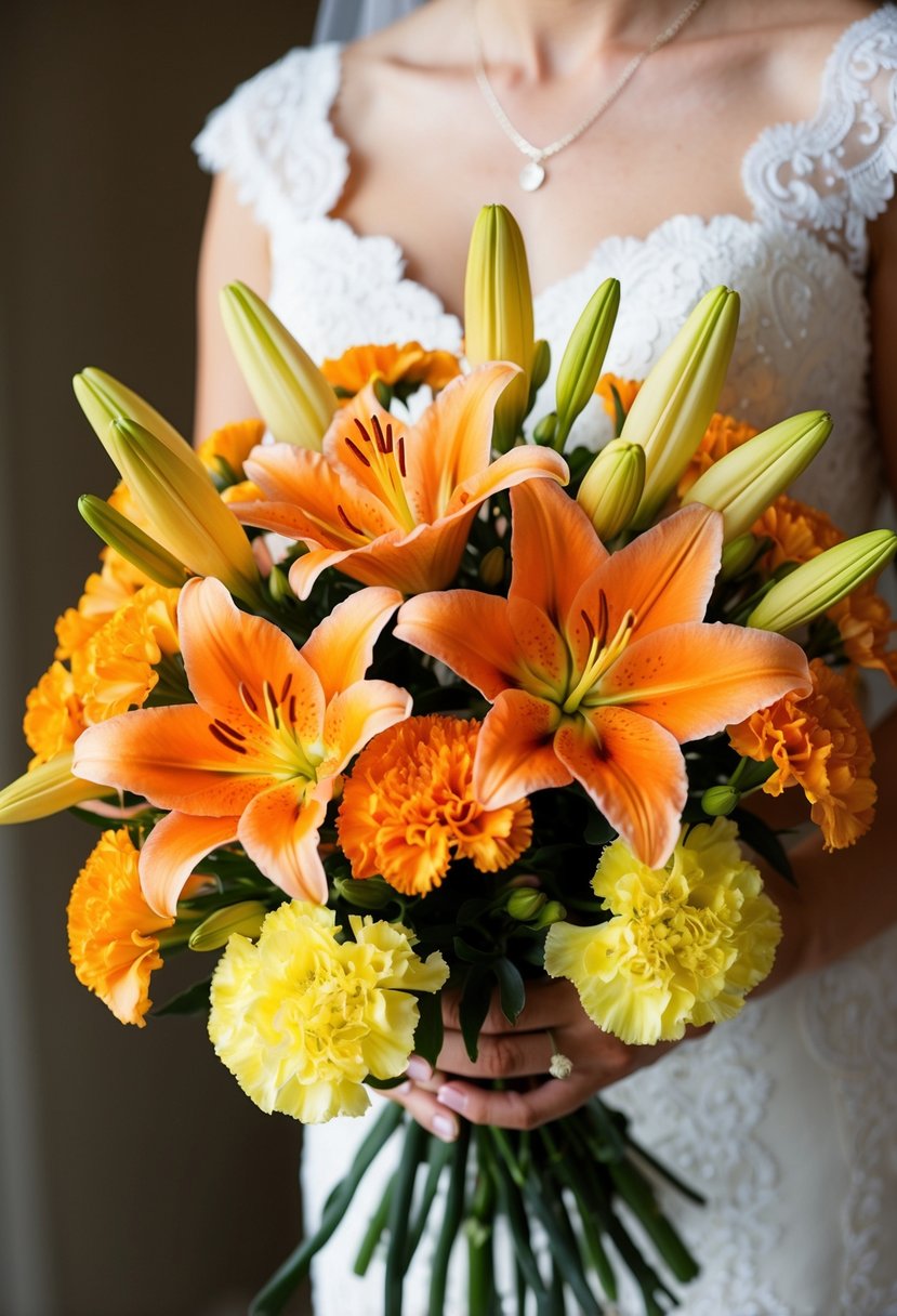 Vibrant orange lilies and soft yellow carnations interwoven in a warm, inviting wedding bouquet