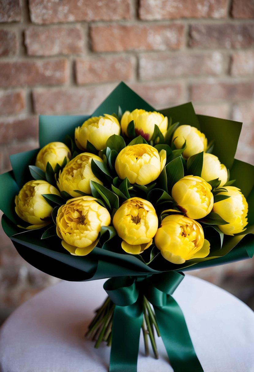 Sultry yellow peonies wrapped in a green ribbon, arranged in a lush wedding bouquet