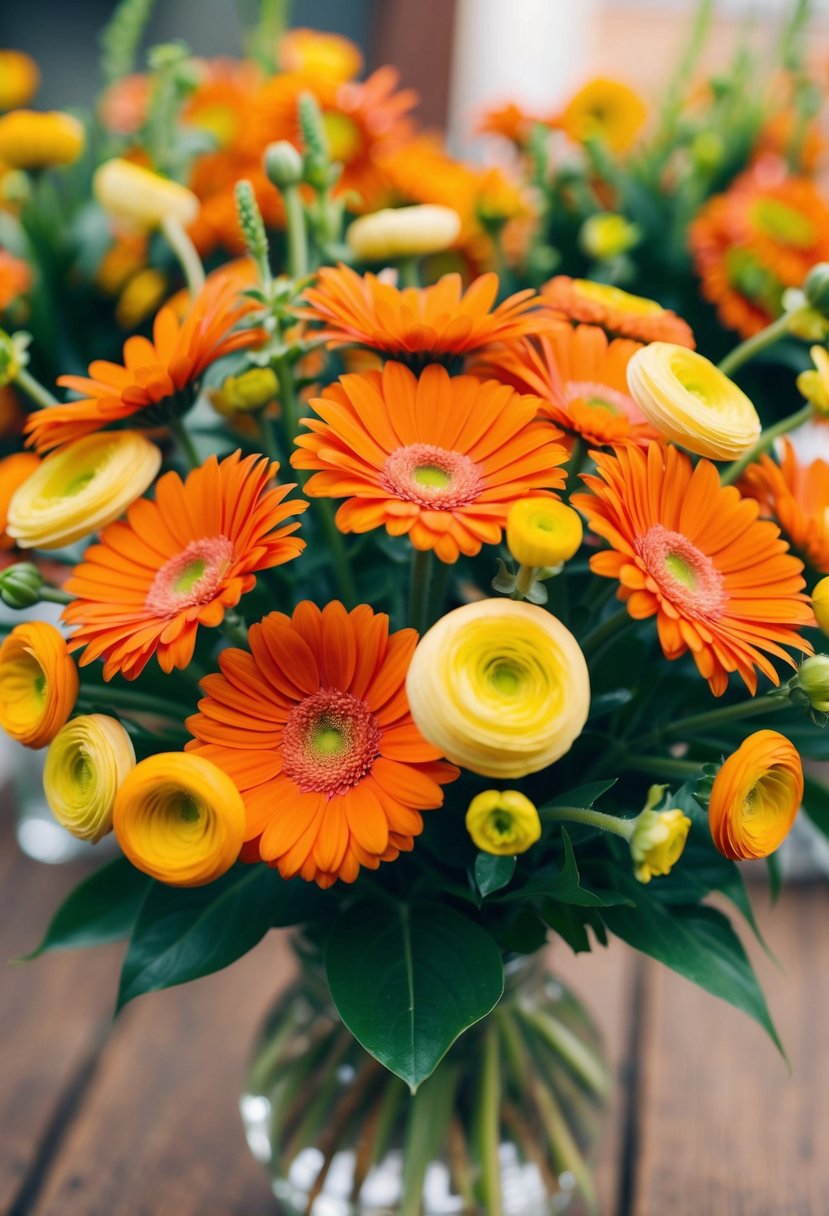 A vibrant bouquet of orange gerbera daisies and yellow ranunculus, radiating warmth and joy