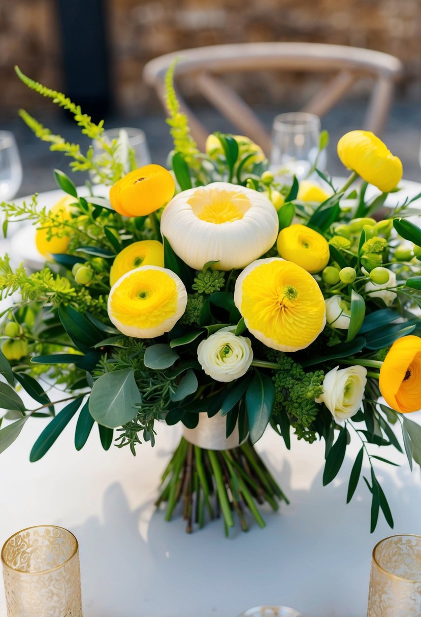 A lush bouquet of golden ranunculus and olive leaves, accented with vibrant yellow and green hues, creates a stunning wedding centerpiece