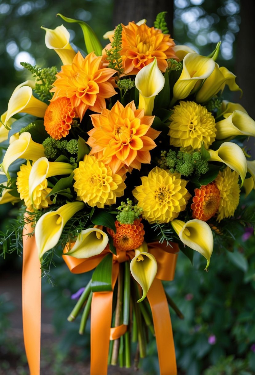 A vibrant bouquet of yellow dahlias and orange calla lilies, arranged in a cascading style with greenery and ribbon accents