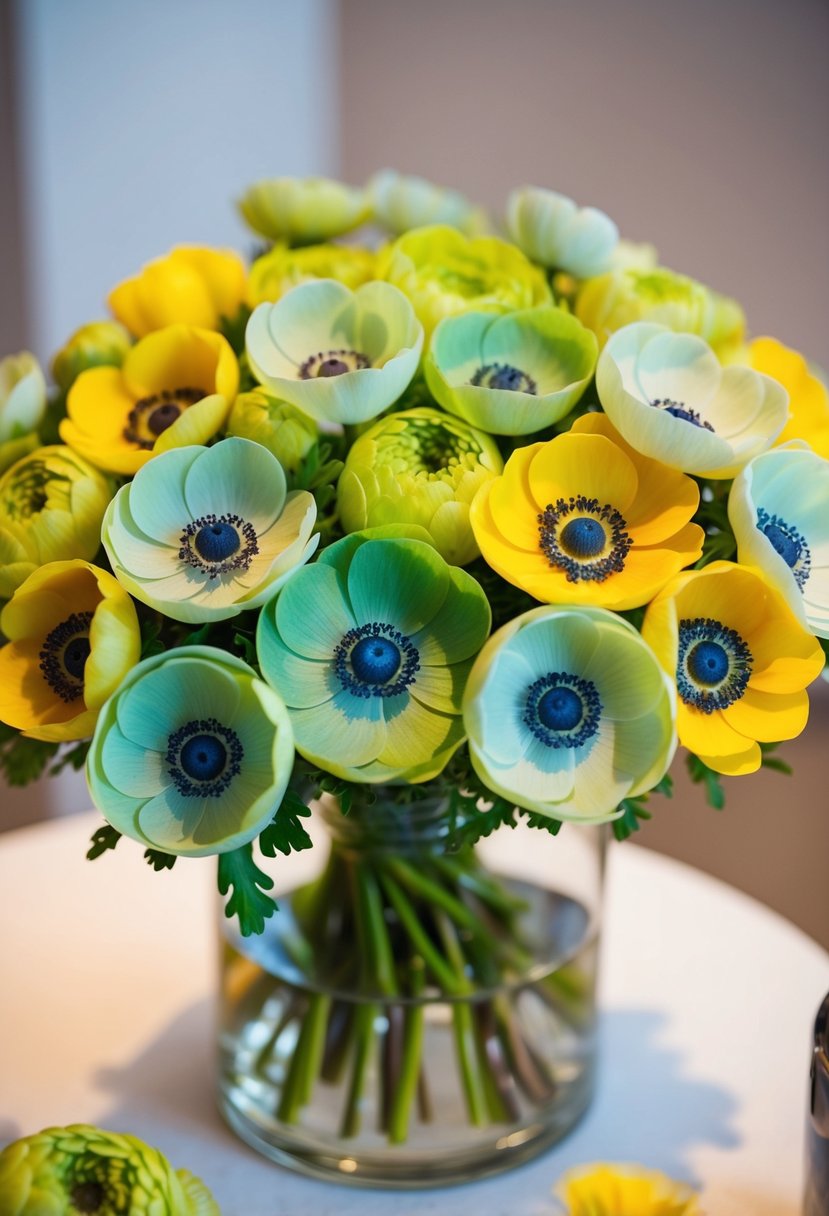 A vibrant bouquet of green and yellow anemones arranged in a delicate, blushing display