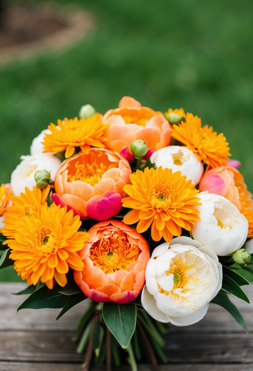 Orange peonies and sunny yellow zinnias arranged in a vibrant wedding bouquet