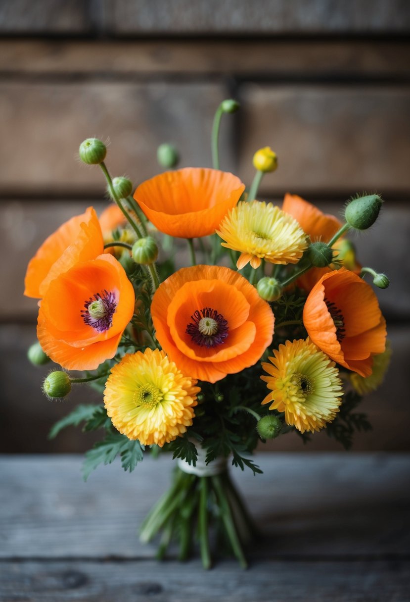 A rustic bouquet of orange poppies and buttercup yellow asters